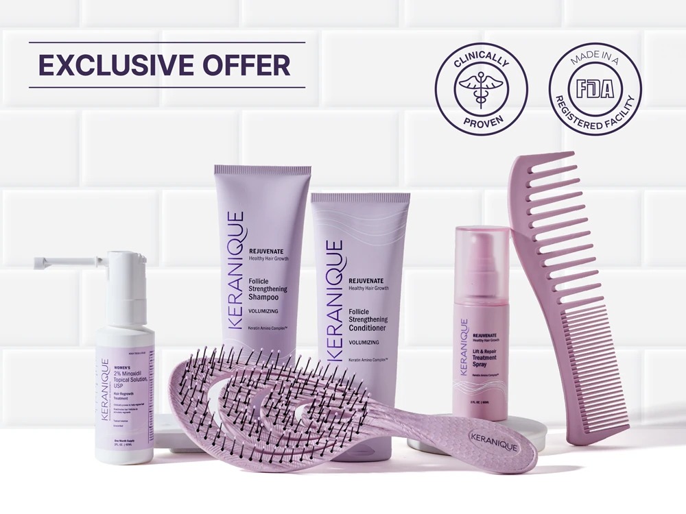 Keranique exclusive offer kit with shampoo, conditioner, minoxidil treatment, treatment spray, brush and wide-tooth comb