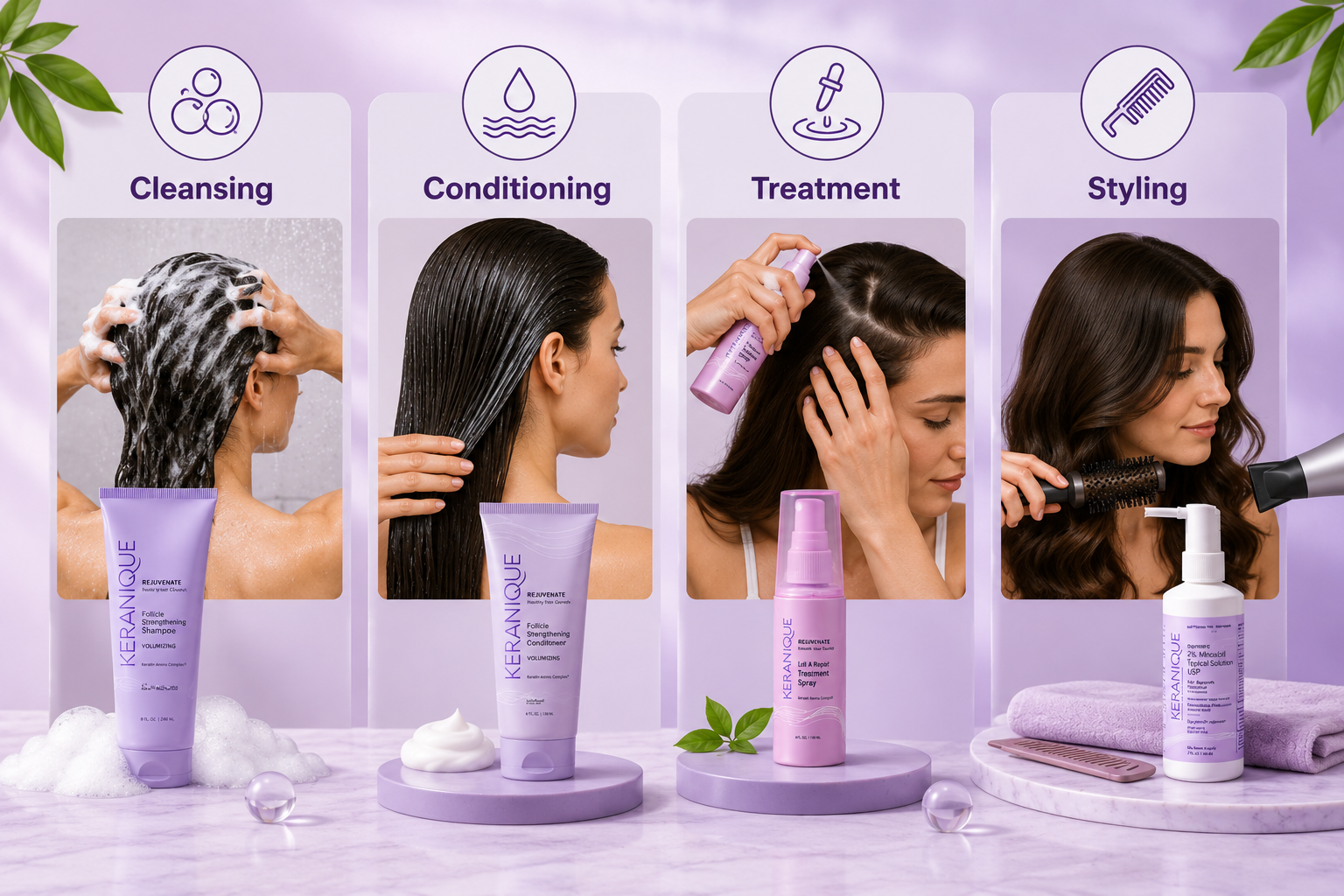 Four steps of the Keranique routine: cleansing, conditioning, treatment and styling